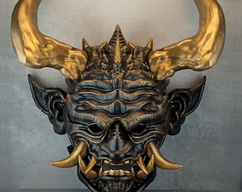 Máscara Oni Negra y Bronce: Demonio Hannya Japonés, Decoración de Pared para Llevar