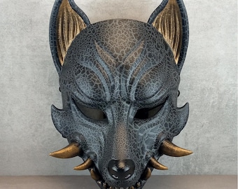 Maschera Okami grigia e nera – Maschera da lupo giapponese, cosplay Yokai, stile Kitsune