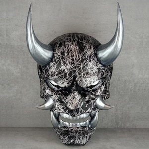 Mask silver marble,Traditional Japanese Hannya Mask, Samurai Mask, Wearable Mask, Demon Mask, Oni Mask, Wall Decor, Oni Mask with Rope