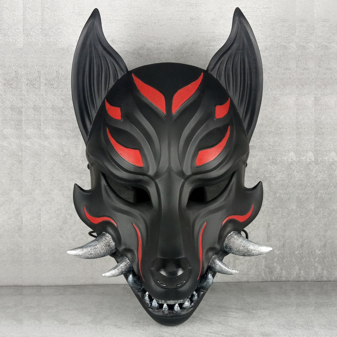 特別セーフ Kitsune Mask, Okami Black Mask, Mask Japanese Traditional 工芸品