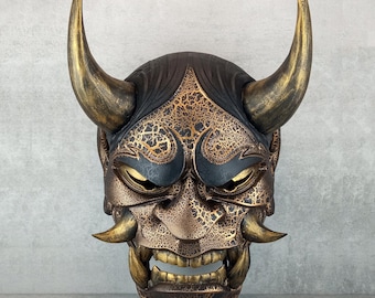 Mask Crack,Traditional Japanese,Hannya Mask,black with gold mask,Samurai Mask,Wearable Mask, Demon Mask,Oni Mask, Wall Decor, Mask with Rope
