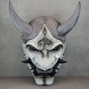 Frost demon, mask with black and white cracks,Traditional Japanese,Hannya Mask,Samurai Mask,Wearable Mask, Demon Mask,Oni Mask, Wall Decor