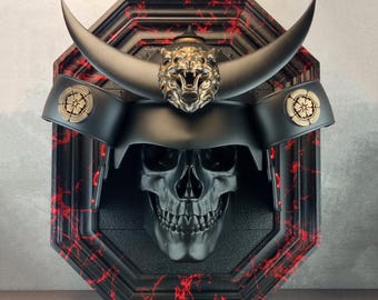Teschio di samurai nero 3D, decorazione da parete: guerriero giapponese