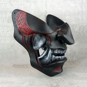 Black with red cracks Samurai Mask, Traditional Japanese Hannya Mask, Wearable Mask, Kabuki Demon Mask, Oni Mask, Wall Decor
