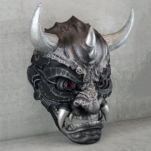 Exclusief cyberdemonmasker, traditioneel Japans Hannya-masker, samoeraimasker met zwarte scheuren, draagbaar masker, demonmasker, onimasker, wanddecoratie