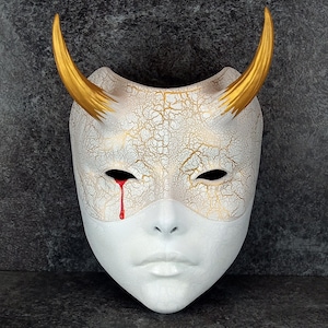 geisha mask - bloody tear, female mask with horns, witch mask, Japanese female mask, white mask
