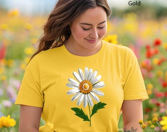 デイジーTシャツ：女性用ワイルドフラワーボタニカルTシャツ