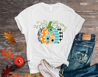 -shirt patchwork citrouille | T-shirt Halloween d'automne pour Thanksgiving