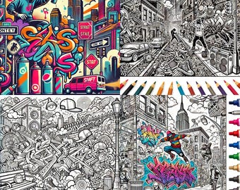 ストリートアートの塗り絵 – 鮮やかな都会のグラフィティパターン