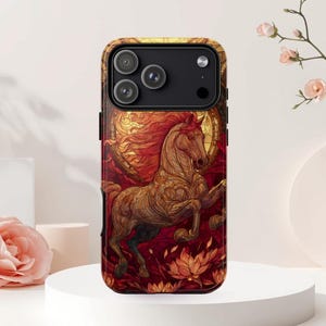 Stained Glass Fire Horse iPhone17 16 15 14 Plus Pro Phone Case, Chinese New Year Samsung Galaxy S Ultra Phone Case, Google Pixel Phone Case