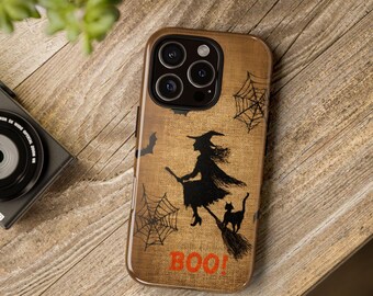 Flying Witch iPhone 16 15 14 13 12 Plus Pro Max Phone Case, Halloween Cat Samsung Galaxy S Ultra Phone Case, Google Pixel Autumn Phone Case
