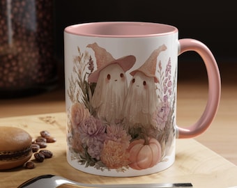 Cute Floral Ghosts Accent Coffee Mug, Pink Halloween Coffee Mug, Witch Ghost Pumpkin Coffee Cup, Vintage Autumn Vibes Thanksgiving Mug Gift