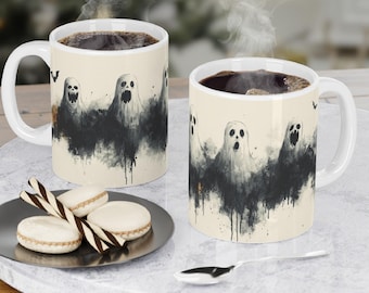Halloween Ghosts Mug, Black & White Halloween Coffee Cup, Ceramic Ghosts and Bats Mug, 11oz and 15oz Spooky Season Ghosts Coffee Mug