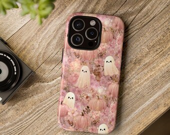 Pink Halloween iPhone 16 15 14 13 12 Plus Pro Phone Case, Floral Ghost Pumpkins Samsung Galaxy S Ultra Phone Case, Google Pixel 9 Phone Case
