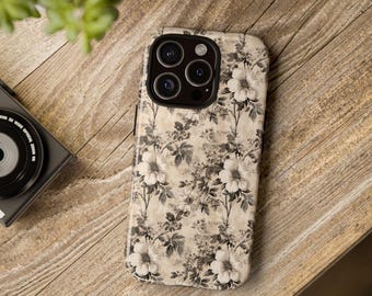 Vintage Floral iPhone 16 15 14 13 Plus Pro Phone Case, Retro Wallpaper Samsung Galaxy Tough Phone Case, Boho Flowers Google Pixel Phone Case