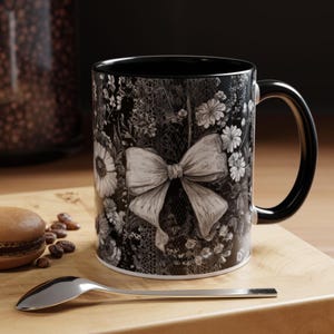 Floral Coquette Accent Coffee Mug, Black and White Floral Coffee Tea Cup, Shabby Chic Flowers and Lace Mug, Vintage Art Deco Gift for Her