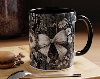 Floral Coquette Accent Coffee Mug, Black and White Floral Coffee Tea Cup, Shabby Chic Flowers and Lace Mug, Vintage Art Deco Gift for Her