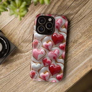3D Hearts iPhone 16 15 14 13 Plus Pro Max Phone Case, White & Pink Hearts Samsung Galaxy Ultra Tough Phone Cover, Google Pixel 9 Phone Case