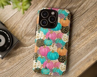 Pumpkins iPhone Plus Pro Max Phone Case, Leopard Print Halloween Pumpkins Samsung Galaxy S Ultra Phone Case, Google Pixel 9 Phone Case