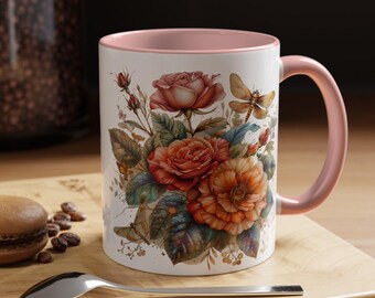 Floral Butterfly Accent Coffee Mug, Boho Dragonfly & Pink Roses Mug, Watercolor Flowers Coffee Tea Cup, Mug Gift for Her