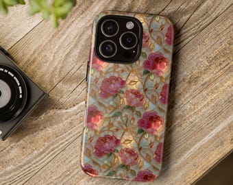 Stained Glass Flowers iPhone 16 15 14 13 Plus Pro Phone Case, Pink Roses Samsung Galaxy S Phone Case, Floral Google Pixel Tough Phone Case