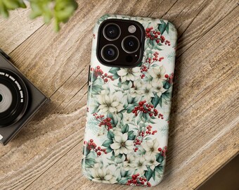Holly Berries iPhone 16 15 14 13 Plus Pro Christmas Phone Case, Vintage Floral Pine Cones Samsung S Ultra Case, Google Pixel 9 Phone Cover