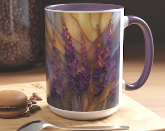Stained Glass Lavender Coffee Mug, Purple Floral Accent Coffee Tea Cup, Shabby Chic Flowers Mug, Vintage Art Deco Gift for Her