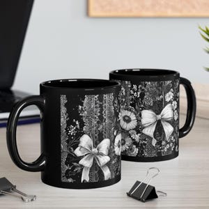 Floral Coquette Coffee Mug, Shabby Chic Flowers and Lace Mug, Black and White Floral Coffee Tea Cup, Vintage Art Deco Gift for Her