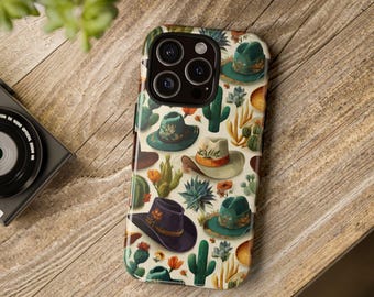 Cowgirl iPhone 16 15 14 13 12 Plus Pro Phone Case, Vintage Cowgirl Hats & Cactus Samsung S Phone Case, Western Google Pixel 9 8 Phone Cover