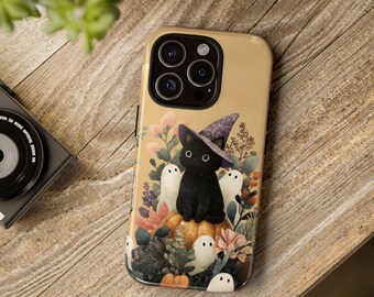 Halloween iPhone 16 15 14 13 12 Plus Pro Max Phone Case, Black Witch Cat Samsung Galaxy S Ultra Phone Case, Ghosts Google Pixel 9 Phone Case