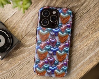 Neon Hearts Samsung Galaxy S Tough Phone Case, Glittery iPhone 16 15 14 13 12 Pro Max Phone Case, 3D Google Pixel 9 8 7 Hard Phone Cover