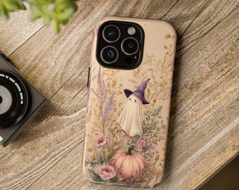 Floral Ghost Pumpkins Samsung Galaxy S Ultra Phone Case, Pink Halloween iPhone 16 15 14 13 12 Plus Pro Phone Case, Google Pixel 9 Phone Case