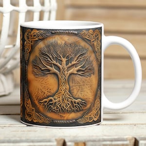 Tree of Life Coffee Mug, Leather Effect 3D Tree of Life Ceramic Mug, Rustic Spiritual Coffee Mug, Celtic Design Tea Cup, Nature Lovers Mug