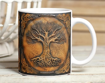 Tree of Life Coffee Mug, Leather Effect 3D Tree of Life Ceramic Mug, Rustic Spiritual Coffee Mug, Celtic Design Tea Cup, Nature Lovers Mug