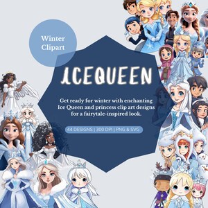 Op de afbeelding: Een verzameling van 44 winterse clip art-ontwerpen met Ice Queen en prinsessen-personages. De ontwerpen zijn in cartoon-stijl en bevatten een verscheidenheid aan poses en uitdrukkingen. De tekst "ACEQUEEN" staat in een groot lettertype bovenaan de afbeelding. De tekst "Maak je klaar voor de winter met betoverende Ice Queen en prinsessen clip art-ontwerpen voor een sprookjesachtige look." staat onder de titel. De tekst "44 DESIGNS | 300 DPI | PNG & SVG" staat onderaan de afbeelding.