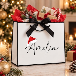 May include: A white gift bag with black trim and a black satin ribbon bow. The front features the name Amelia in black script, topped with a red and white Santa hat. The bag is filled with red tissue paper, pine branches, and a candy cane.