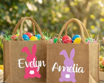 Custom Easter Bunny Bag with Name, Personalized Jute Tote for Kids, Easter Egg Hunt Treat Bag, Reusable Easter Gift Bag