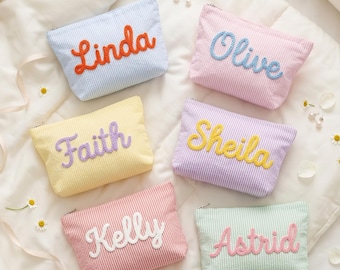 Preppy Personalized Makeup Bag, Custom Seersucker Cosmetic Pouch, Cute Striped Toiletry Bag for Her