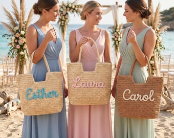 Personalized Bridesmaid Beach Bag, Custom Straw Tote with Name, Bachelorette Party Bag, Bridal Party Gift