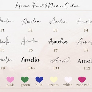 Puede incluir: Imagen que muestra varios estilos de fuente y opciones de color para el nombre "Amelia". Las fuentes est&aacute;n etiquetadas de la F1 a la F12, con muestras de color debajo, incluyendo negro, rosa, verde, azul, crema, blanco, rojo rosa y oro.