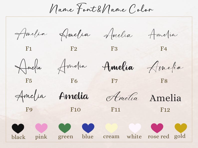 Puede incluir: Imagen que muestra varios estilos de fuente y opciones de color para el nombre "Amelia". Las fuentes est&aacute;n etiquetadas de la F1 a la F12, con muestras de color debajo, incluyendo negro, rosa, verde, azul, crema, blanco, rojo rosa y oro.