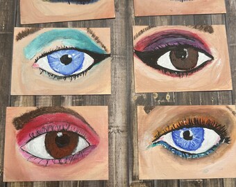 2.5 inch by 3.5 inch original acrylic paintings artist trading card size on canvas paper of eyes with makeup