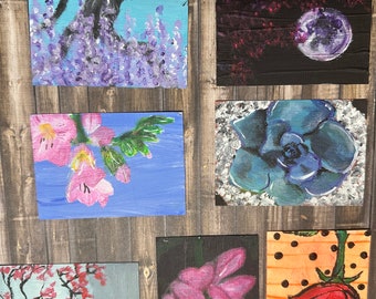 2.5 by 3.5 inch  original acrylic paintings aceo artist trading card plant themed