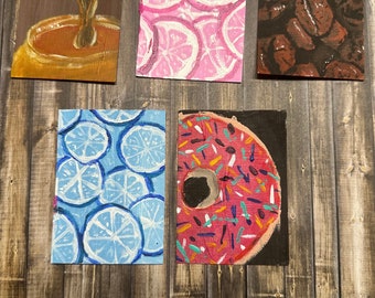 2.5 inch by 3.5 inch original acrylic paintings artist trading card size on canvas paper food theme coffee donuts lemons