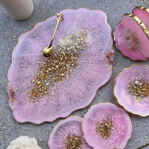 Rose Gold und Weiß Epoxidharz-Set, Rosa Untersetzer, Rosa Dekor, Hochzeit, Einweihungsgeschenk, Harztablett, Geburtstag, Wohnkultur, Serviettenhalter