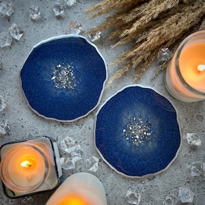 Blue and Silver Epoxy Resin Coasters, Aesthetic Decor, Set of 2 Resin Coasters, New Home Gift, Blue Resin Set Coasters, Wedding Decor & Gift