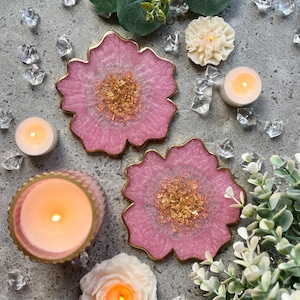 Pink and Gold Flower Resin Coasters, Aesthetic Decor, Resin Coasters Set, New Home Gift, Pink Resin Set Coasters, Wedding Decor and Gift