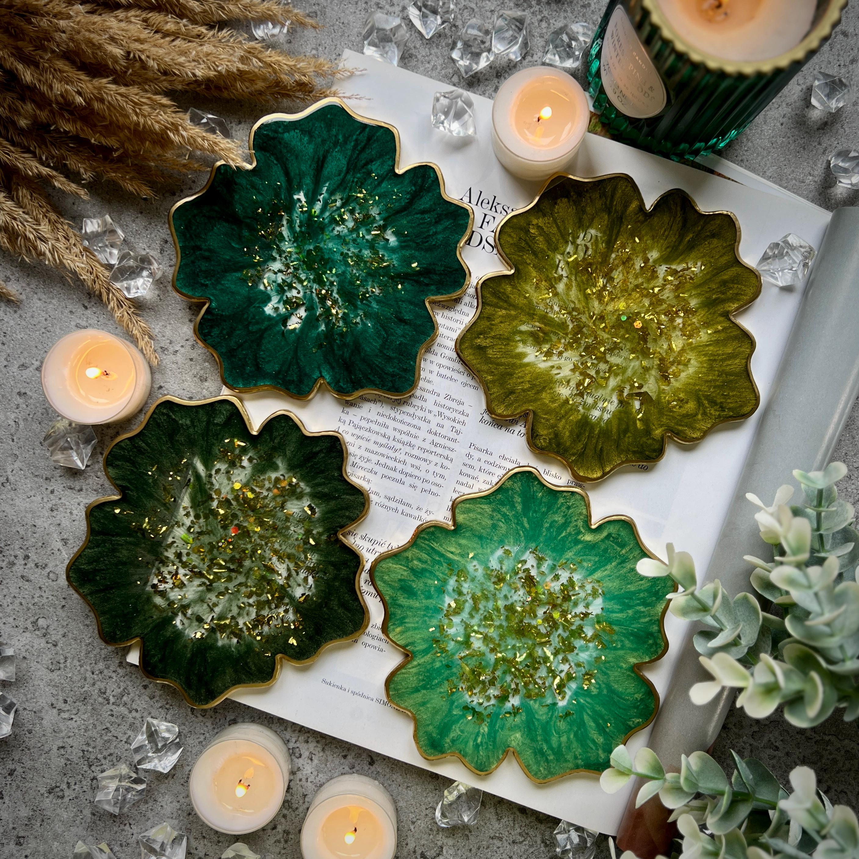 Set Di 6 Sottobicchieri In Resina Esagonali Con Fiori E Lamina Dorata - Diametro 10,2 Cm, Artigianali, Regalo - 3