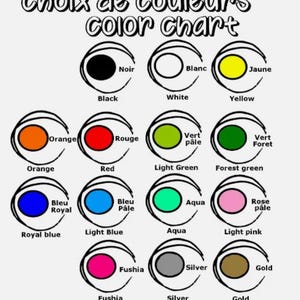 K&ouml;nnte beinhalten: Farbkarte mit 12 verschiedenen Farben, darunter Schwarz, Wei&szlig;, Gelb, Orange, Rot, Hellgr&uuml;n, Waldgr&uuml;n, K&ouml;nigsblau, Hellblau, Aqua, Rosa, Fuchsia, Silber und Gold.