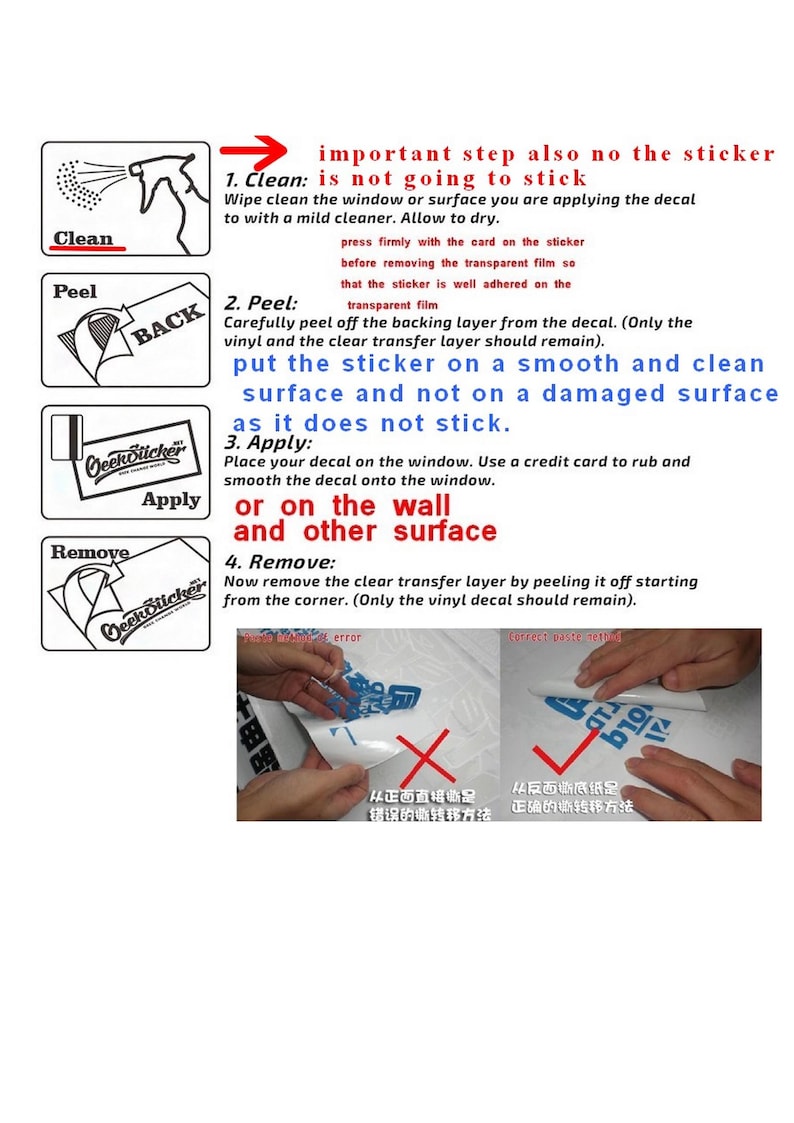 K&ouml;nnte beinhalten: Eine Schritt-f&uuml;r-Schritt-Anleitung zum Anbringen eines Aufklebers auf einer glatten Oberfl&auml;che. Die Anleitung enth&auml;lt Illustrationen der Schritte, einschlie&szlig;lich der Reinigung der Oberfl&auml;che, des Abziehens der Tr&auml;gerfolie vom Aufkleber, des Anbringens des Aufklebers und des Entfernens der Transferfolie. Der Text im Bild lautet: "important step also no the sticker is not going to stick".
